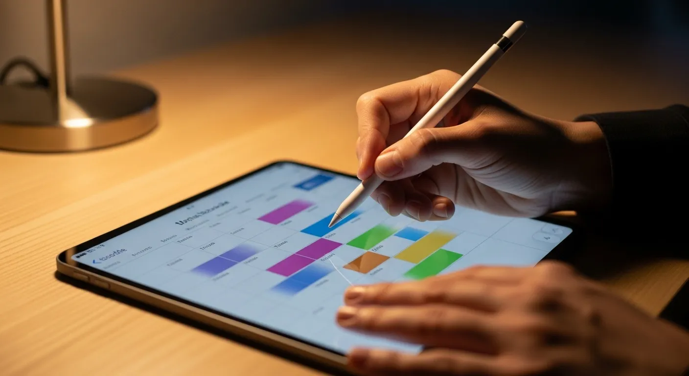 A person's hands organize a schedule using a stylus on a tablet calendar with abstract color blocks.