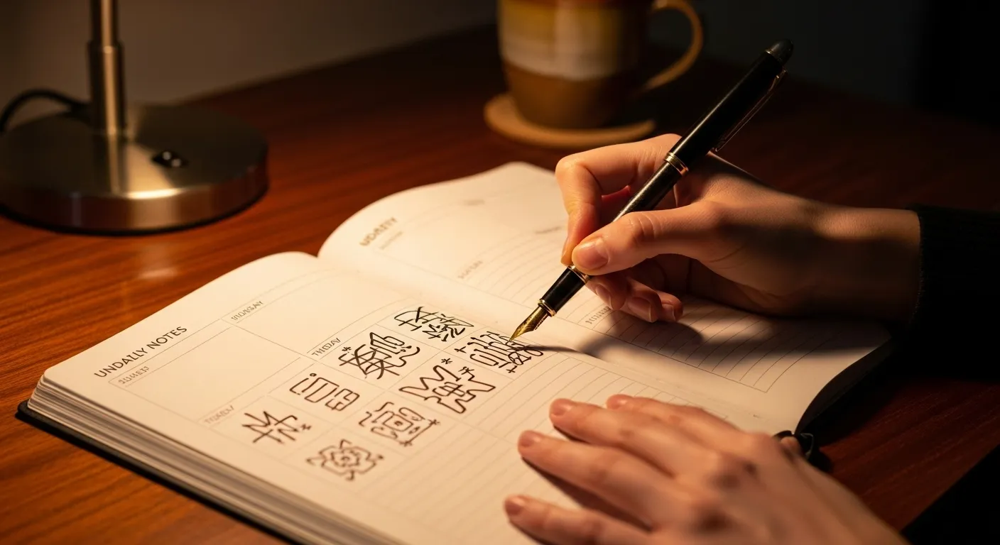 A close-up of a person's hands scheduling a task in a planner by the warm light of a desk lamp at night.