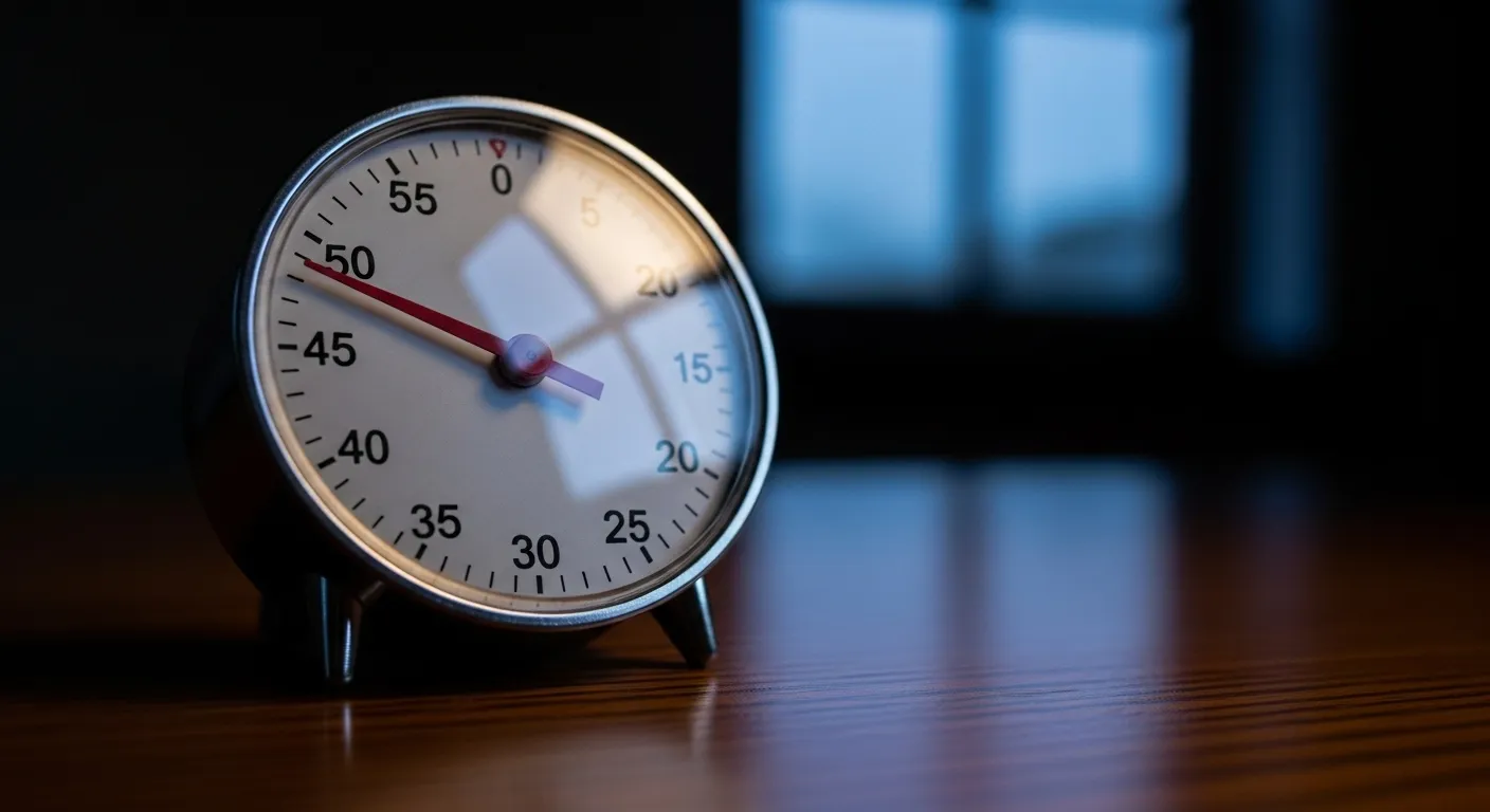 A close-up of a round analog timer on a desk at twilight, set for a specific duration.