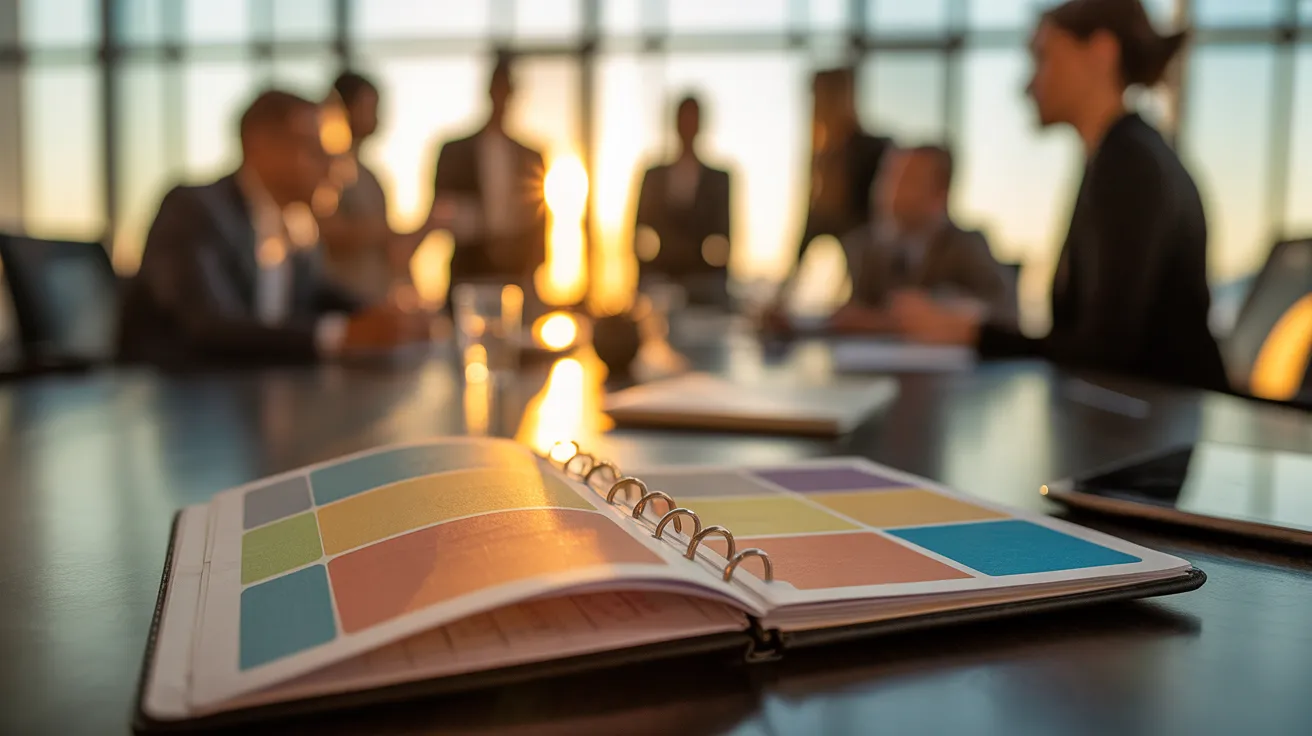 An open weekly planner with colorful, abstract time blocks on a conference table during a sunset-lit meeting in a modern office.