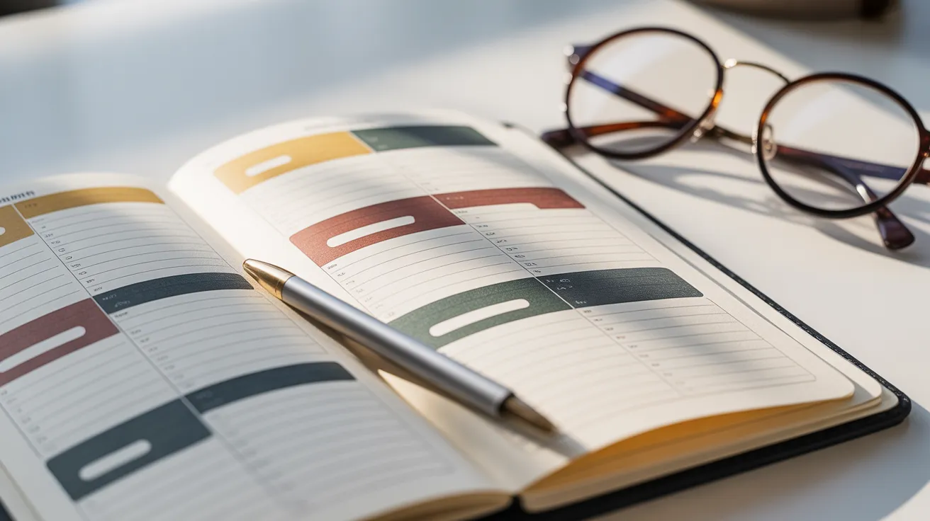 An open weekly planner on a desk shows colorful, non-specific blocks of time scheduled. A pen and reading glasses are beside it.