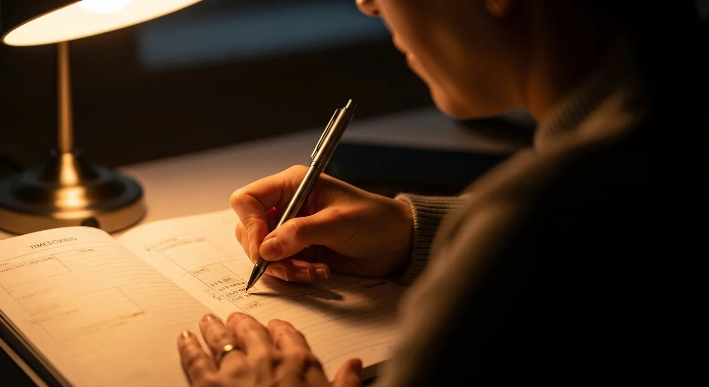 A close-up view of a person's hand using a pen to mark squares in a planner on a desk, lit by a warm lamp in the evening.