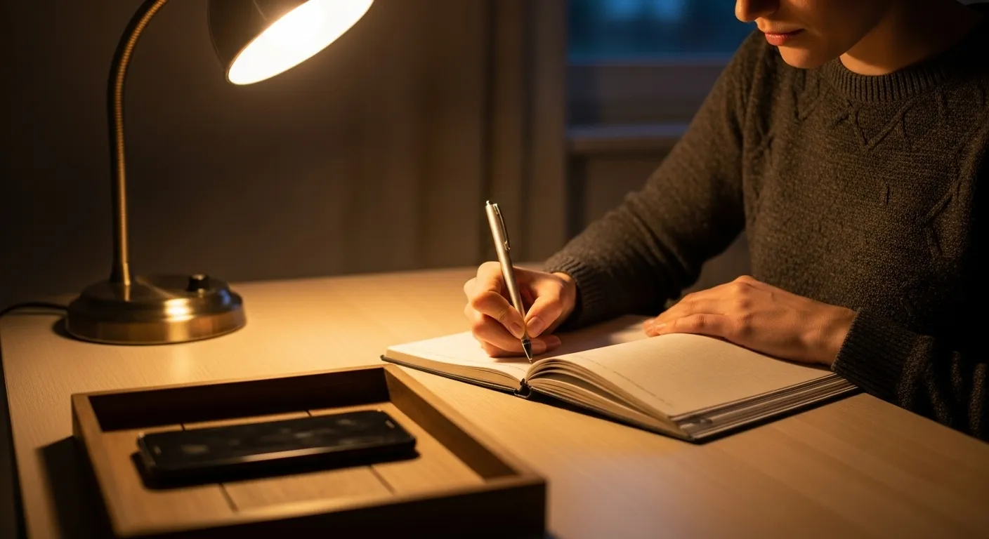 A person writing at a desk under warm lamplight, their smartphone placed aside in a wooden tray to minimize distractions.