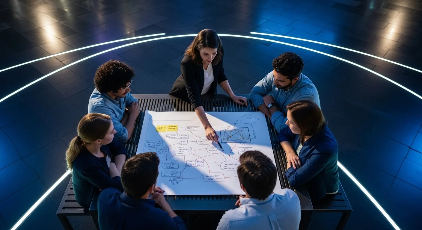 A top-down view of a team meeting outdoors at night around a table with a large document, illuminated by ambient neon light.