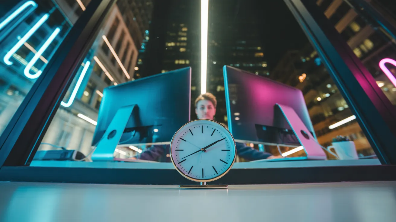 A low-angle view into a well-lit city office at night, showing a person working. An analog clock sits on the desk in the foreground, reflecting neon l