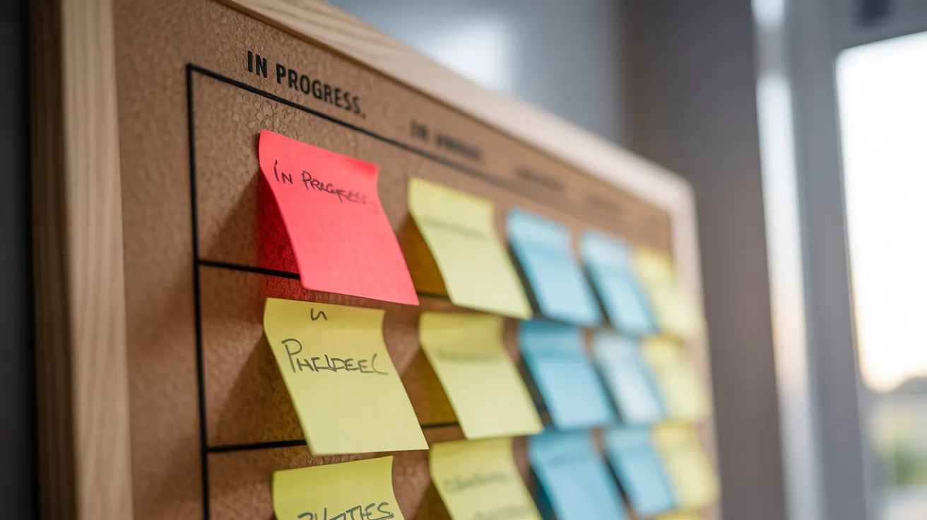 A close-up of a corkboard with columns of sticky notes, where a single red note stands out at the top, symbolizing an urgent task.