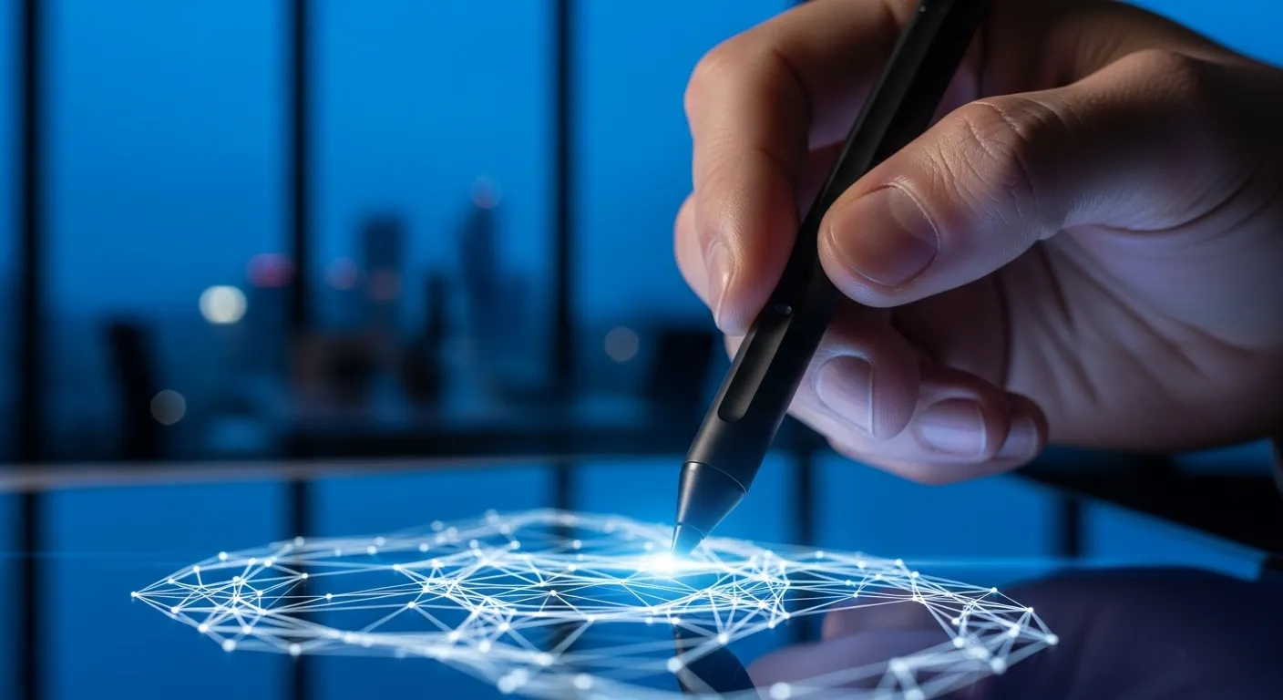 Close-up of a hand holding a stylus over a tablet screen displaying a design wireframe in a dimly lit office at dusk.