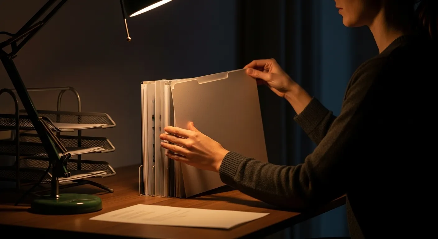 A person's hands neatly place a folder into a vertical file holder on a desk, lit by the warm glow of an evening lamp.