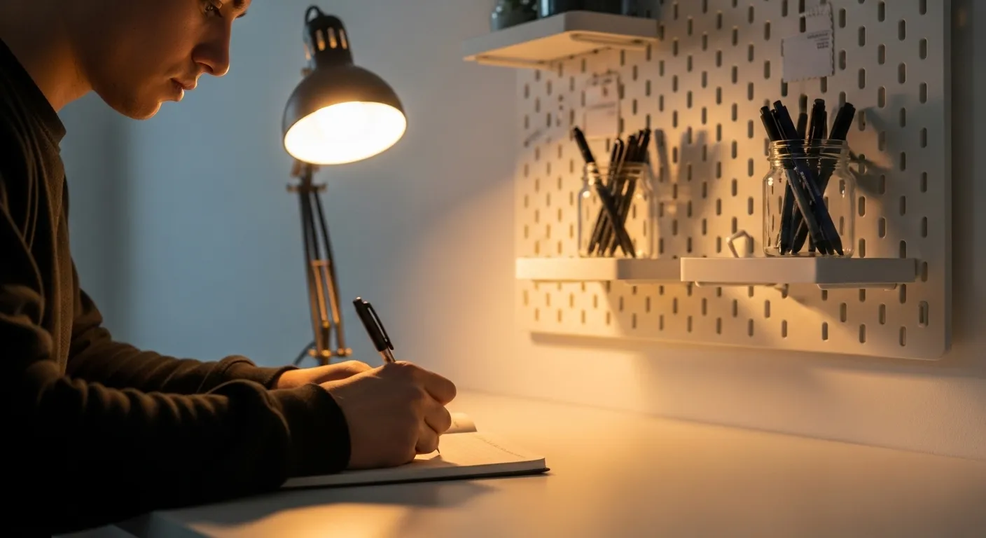 A person's hands writing in a journal under warm lamplight, with a tidy white pegboard organizer on the wall behind them.