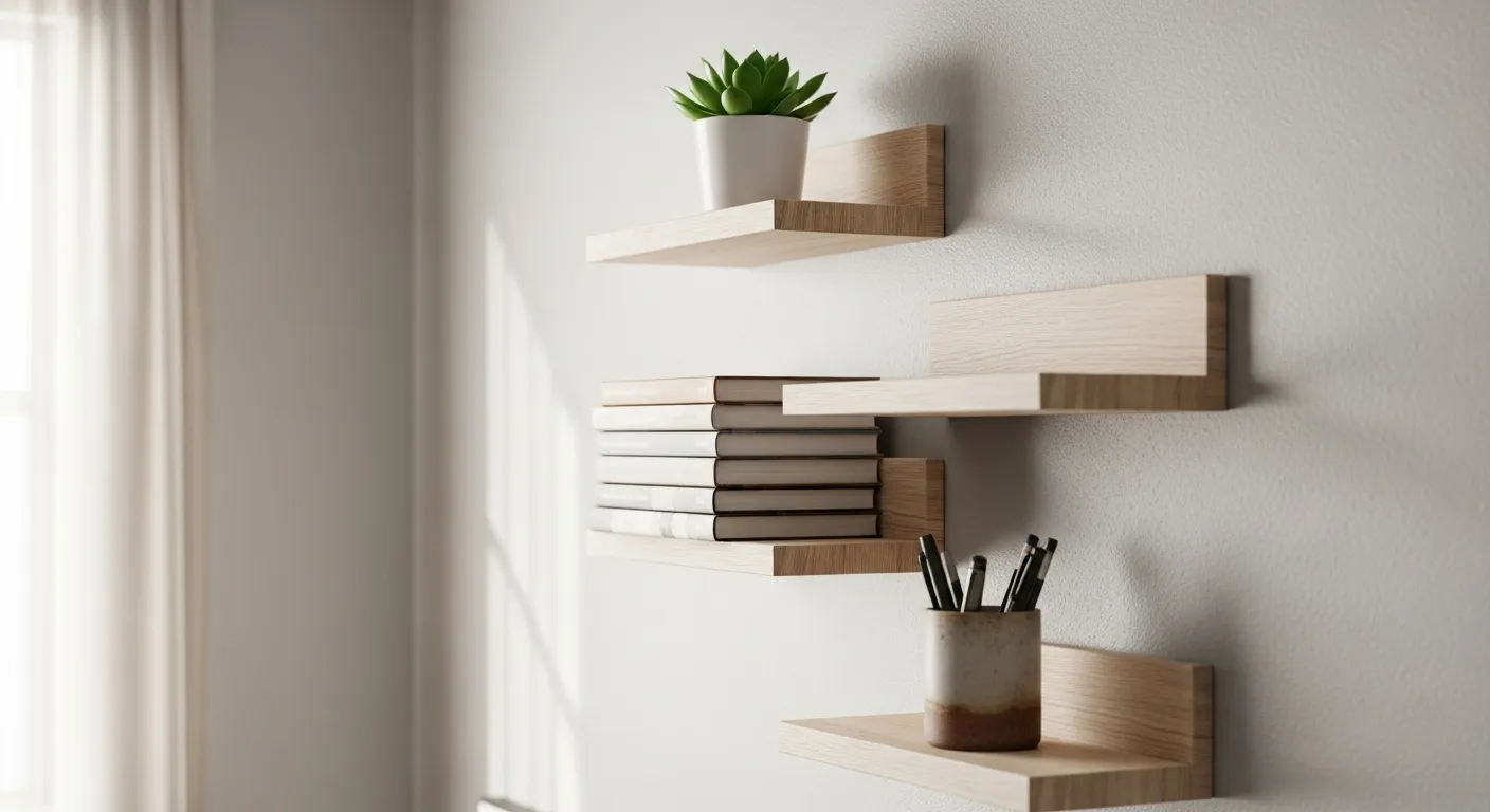 Light wood floating shelves on a wall, neatly organized with books and a small plant, demonstrating vertical storage in a small space.