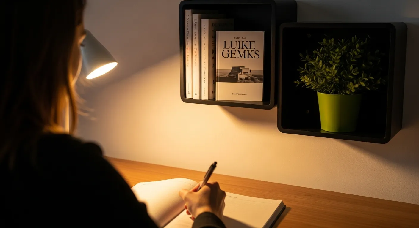 An over-the-shoulder view of a person writing in a journal at a small desk, with a tidy, wall-mounted shelf in the background.