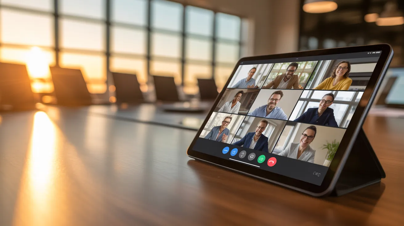 A tablet on a meeting table shows a video conference with a diverse team. The scene is lit by warm golden hour sunlight from a window.