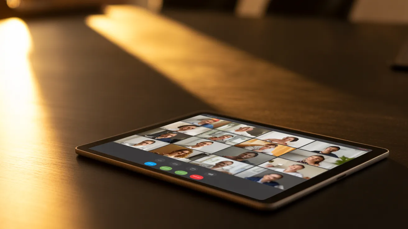 A tablet on a conference table displays a blurry video call, with long shadows cast by late afternoon golden hour light from a window.