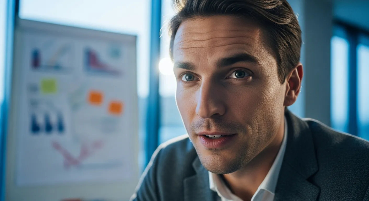 A tight close-up on the face of a person speaking with conviction in a modern office at twilight.