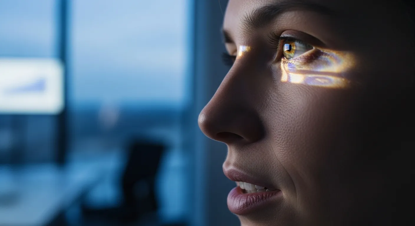 A close-up profile view of a person's face, showing focus and confidence during a business presentation at dusk.