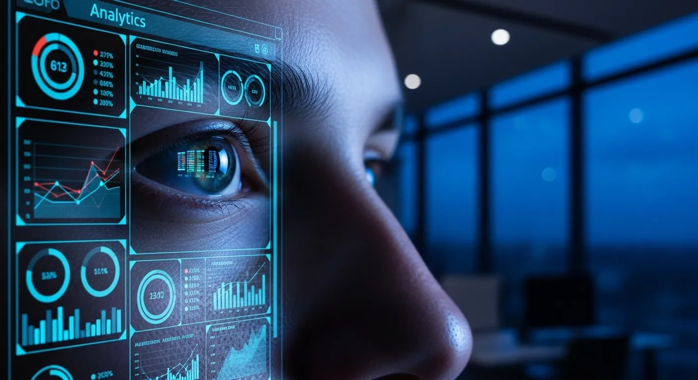 An extreme close-up of a person's eye, which is reflecting a glowing data chart on a computer screen in a dark office at dusk.