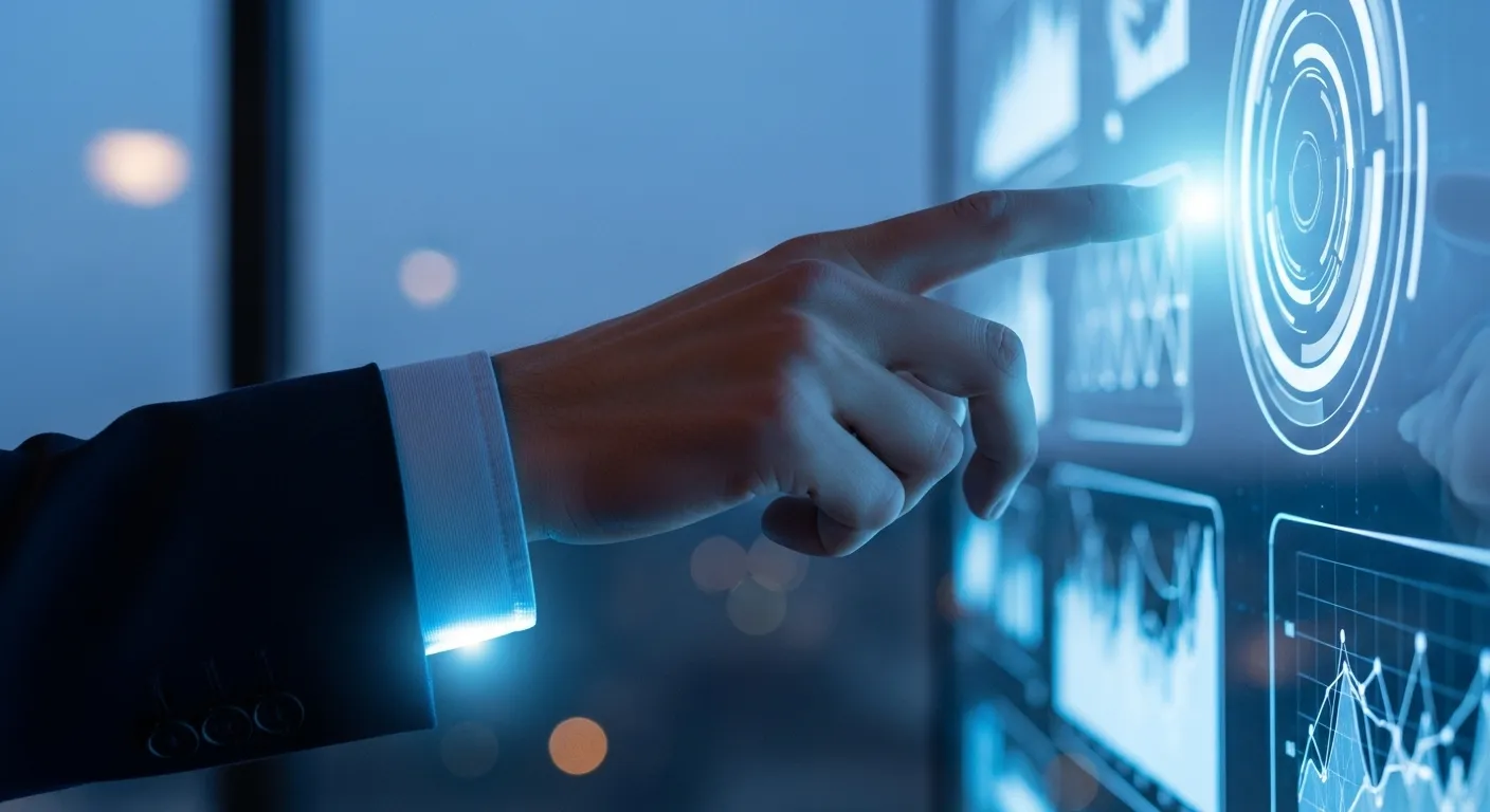 Close-up on a person's hand pointing to an out-of-focus chart on a screen in an office at dusk.