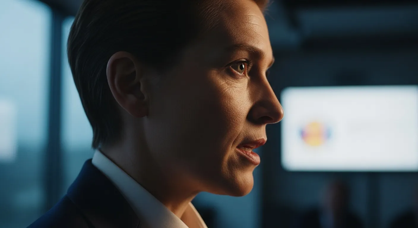 An extreme close-up of a presenter's focused eye and face, illuminated by blue hour light in a modern business setting.