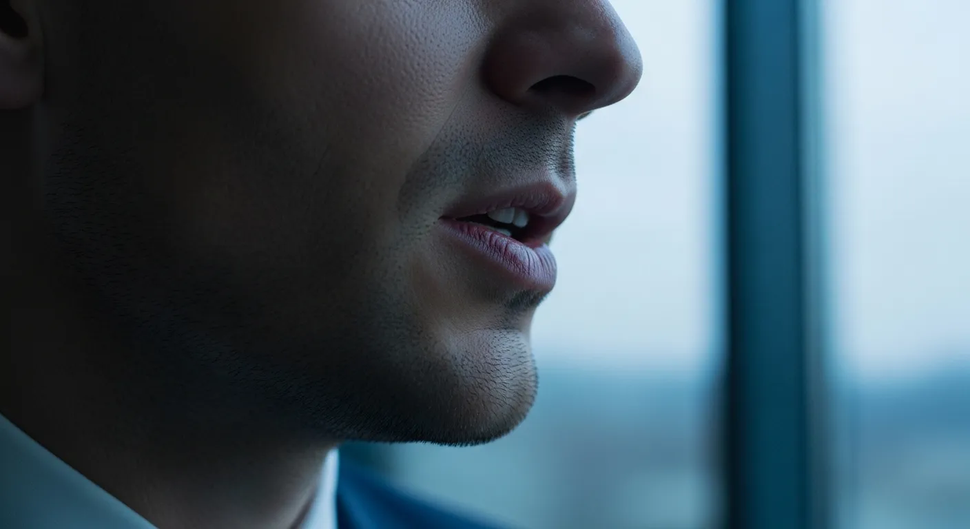 A tight, macro close-up on the mouth and jawline of a person speaking during a presentation in an office at twilight.