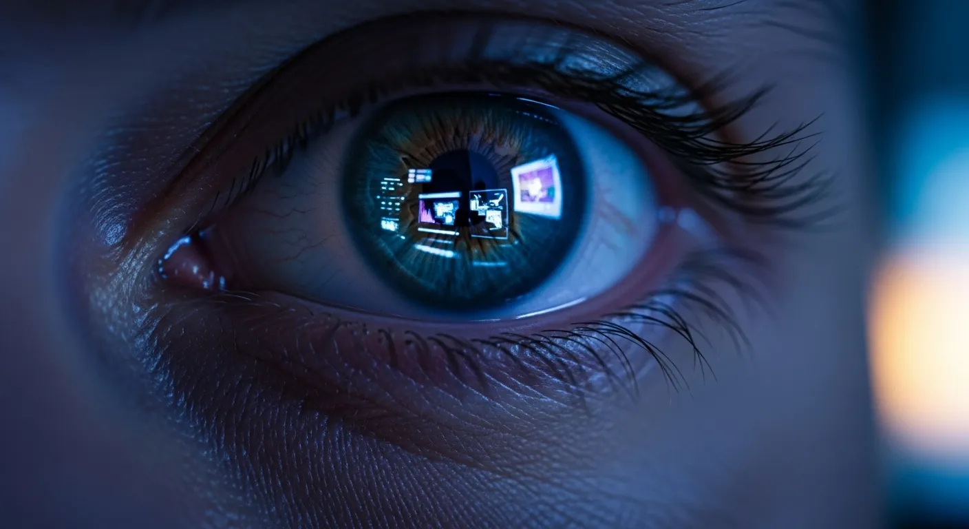 Extreme close-up of a person's eye, reflecting an abstract digital screen in a dimly lit office at twilight.
