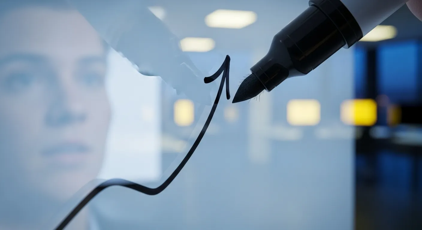 A macro photograph of a marker tip drawing an arrow on a glass whiteboard, with the blurred reflection of a person and an office at dusk.