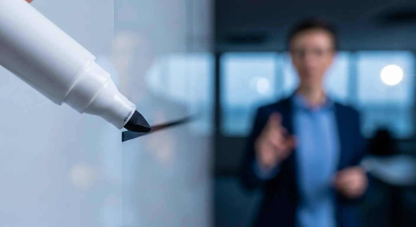 An extreme close-up of a marker tip drawing on a whiteboard, with the silhouette of a person presenting in an office at twilight.