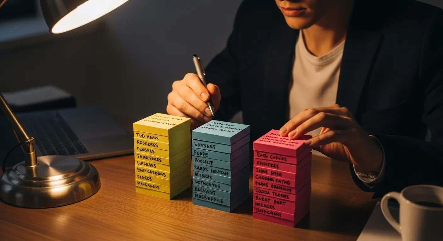 Close-up of a desk at night where a person is organizing a project using colored sticky notes arranged in three columns.