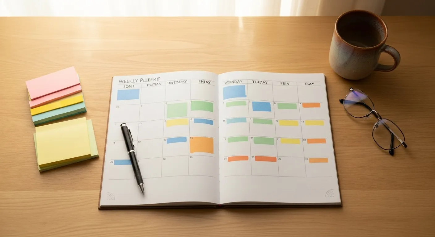 A tidy desk with an open weekly planner, sticky notes, a pen, a mug, and reading glasses, set for a weekly review session.