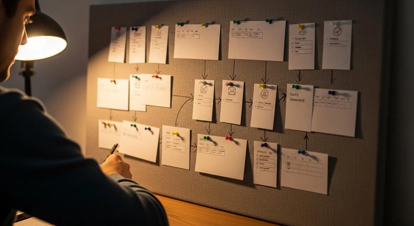 A close-up of a pinboard with a mind map made of blank cards and connecting threads, lit by a warm desk lamp in a dark room.