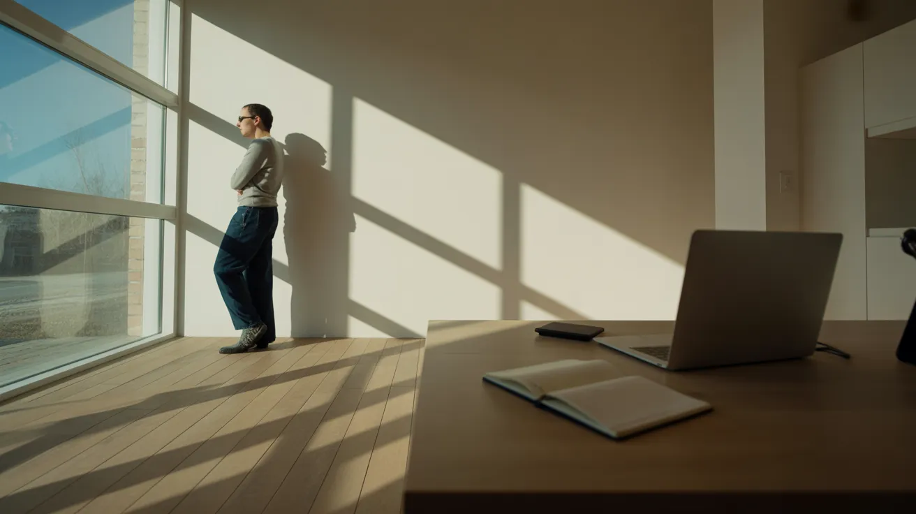 A person in a sunlit, modern office takes a reflective break, gazing out a large window. The ultra-wide view captures the entire room and long shadows