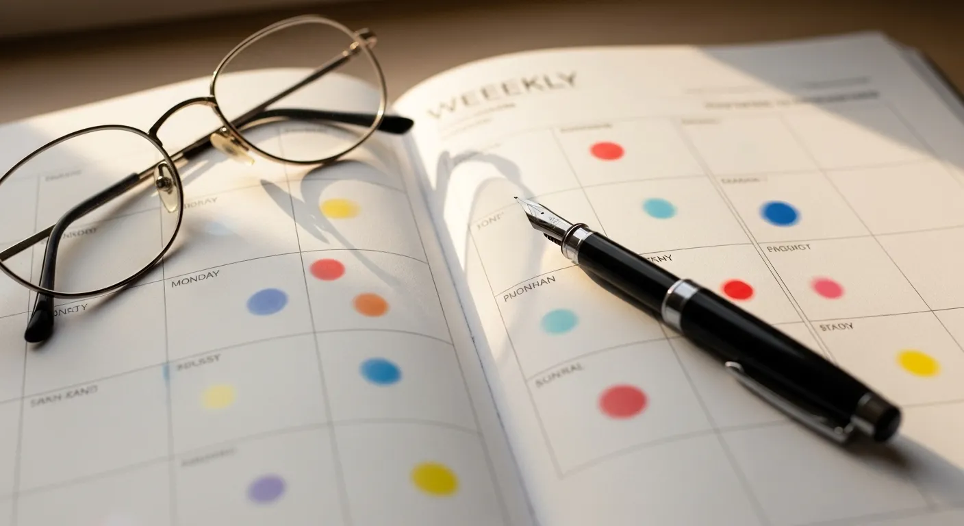 A close-up of a weekly planner page with a pen and reading glasses, suggesting a moment of reflection and review.