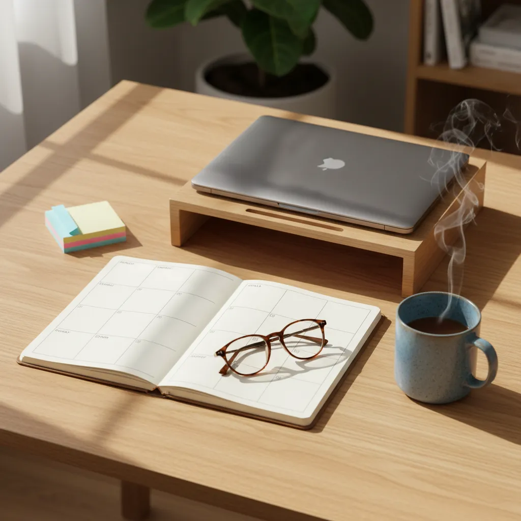 Desk with an open planner, closed laptop, mug, and reading glasses, set up for a weekly review session in the afternoon.
