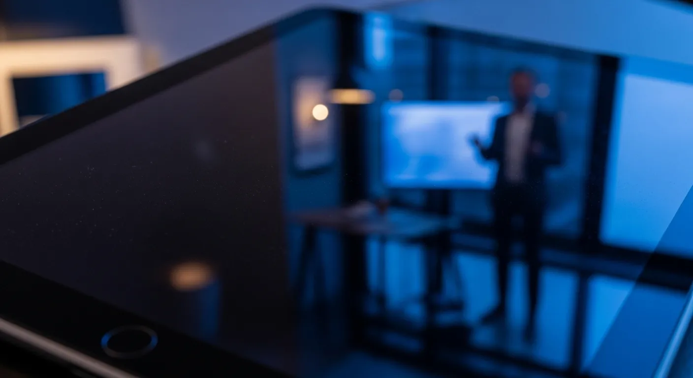Extreme close-up of a dark tablet screen reflecting a person giving a presentation in an office at dusk.