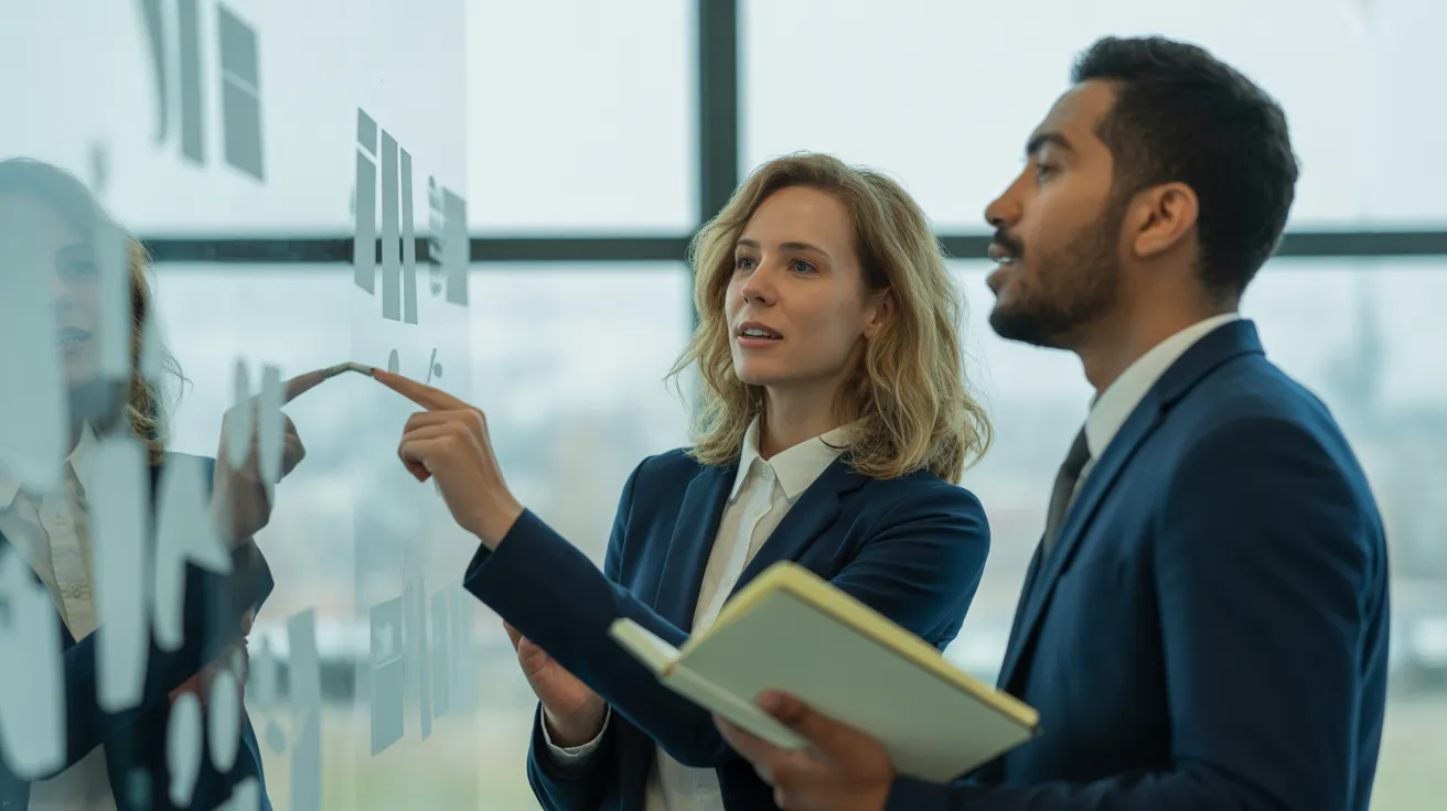 Two colleagues in a bright, modern office collaborate during a weekly review session at a whiteboard with abstract notes.