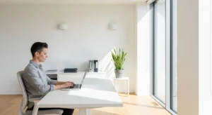 A person sits in profile at a tidy desk in a sunlit, modern home office, working on a laptop.