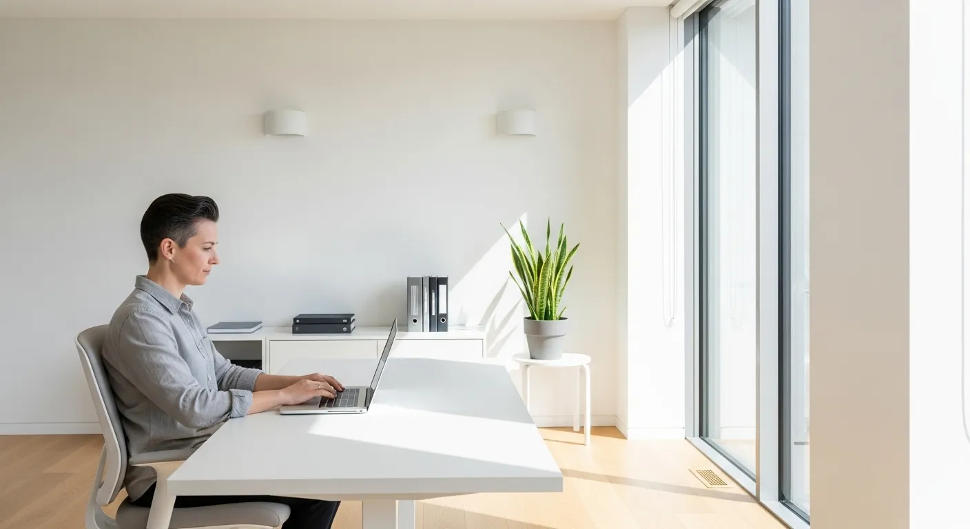 A person sits in profile at a tidy desk in a sunlit, modern home office, working on a laptop.