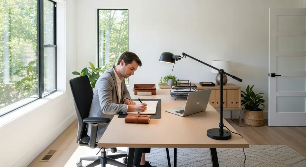 A focused person writing in a notebook at a sunlit, modern desk in a wide view of their organized home office.