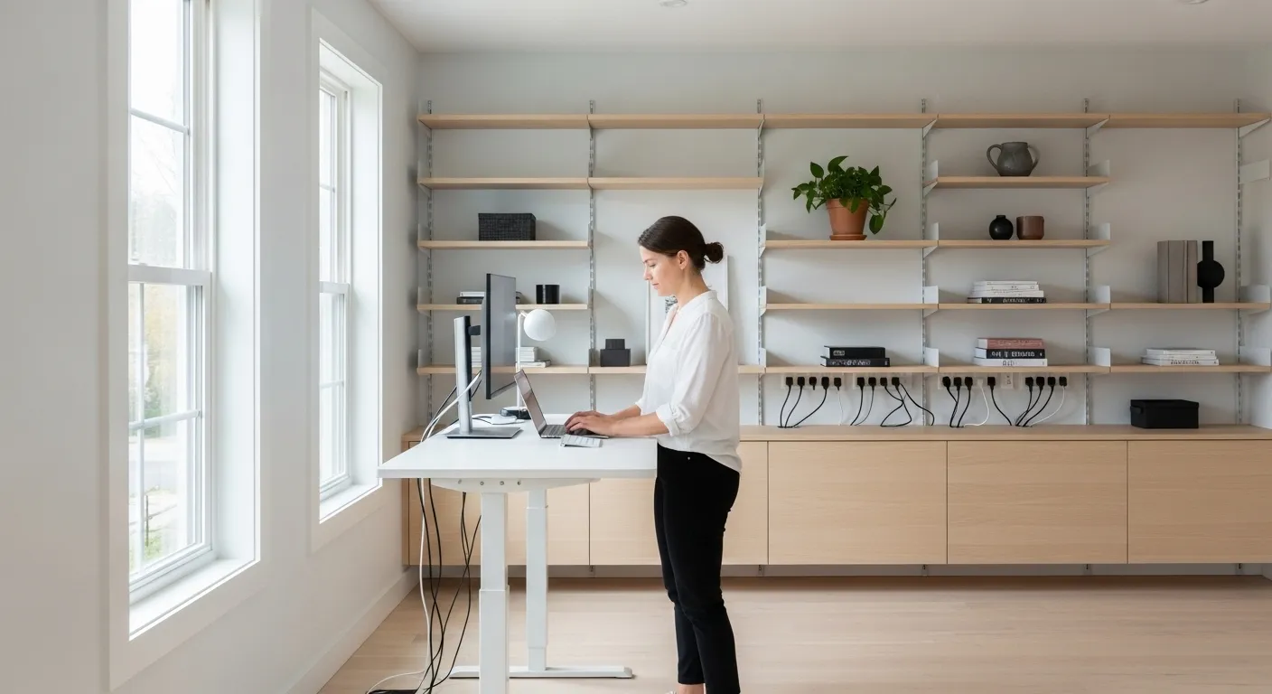 A wide view of a sunlit home office with a person working at a clean standing desk, highlighting an organized and productive environment.