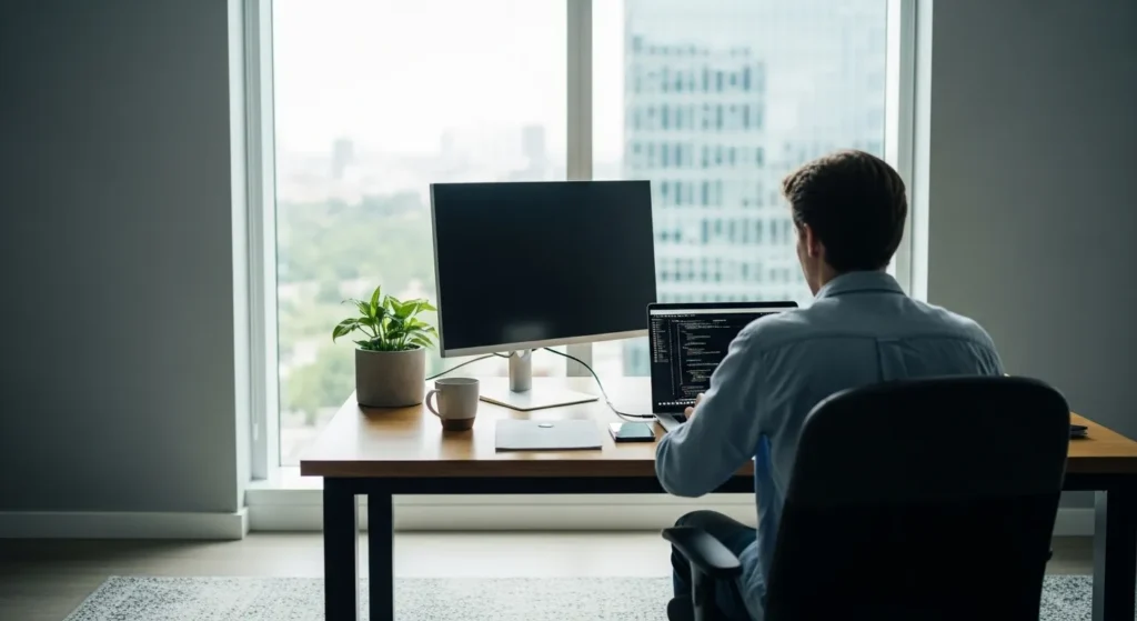 A person seen from behind, working at a tidy, modern desk with a laptop, facing a large, bright window during the day.
