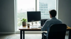 A person seen from behind, working at a tidy, modern desk with a laptop, facing a large, bright window during the day.