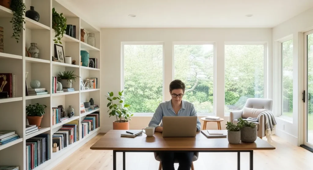 A person works on a laptop at a neat wooden desk in a bright, sunlit home office with plants.