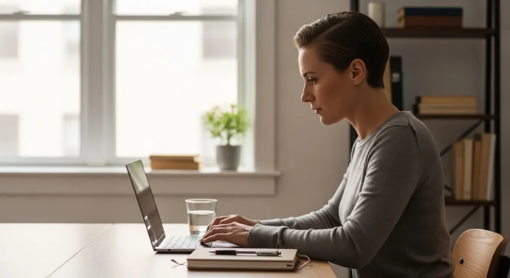 A person sits in profile at a clean desk with a laptop, bathed in natural light from a window. The workspace is organized and calm.