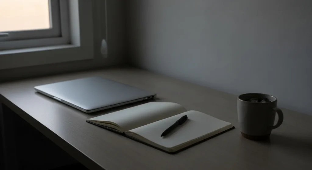 A desk at twilight with a closed laptop and an empty notebook, symbolizing the fatigue that prevents work on personal goals.