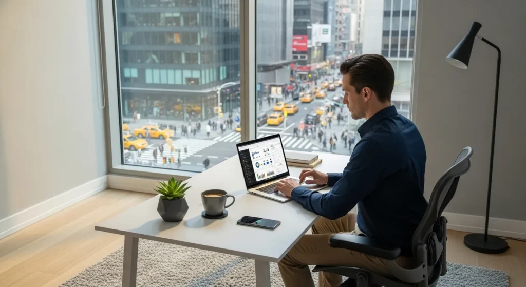 A professional works at a tidy desk in a sunlit home office with a large window overlooking a blurred city view.