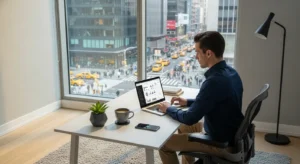 A professional works at a tidy desk in a sunlit home office with a large window overlooking a blurred city view.