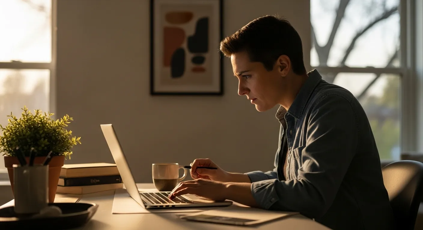 A person in their late 30s sits at a tidy home office desk, focused on their laptop screen in the late afternoon sun.