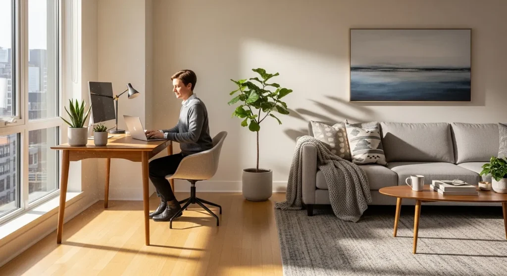 A wide view of a person working at a tidy desk in the corner of a sunlit living room, creating a dedicated workspace.