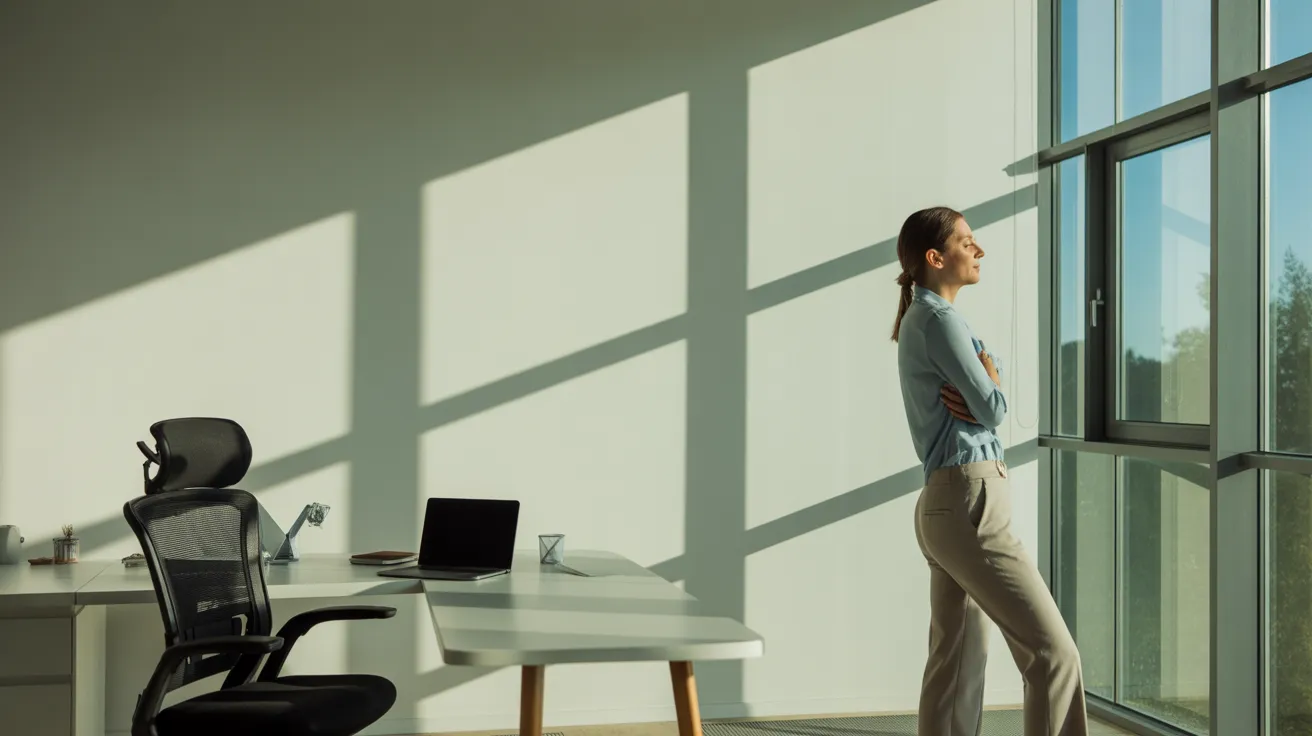 A woman takes a break from work, standing and looking out the window of her bright, sunlit home office.