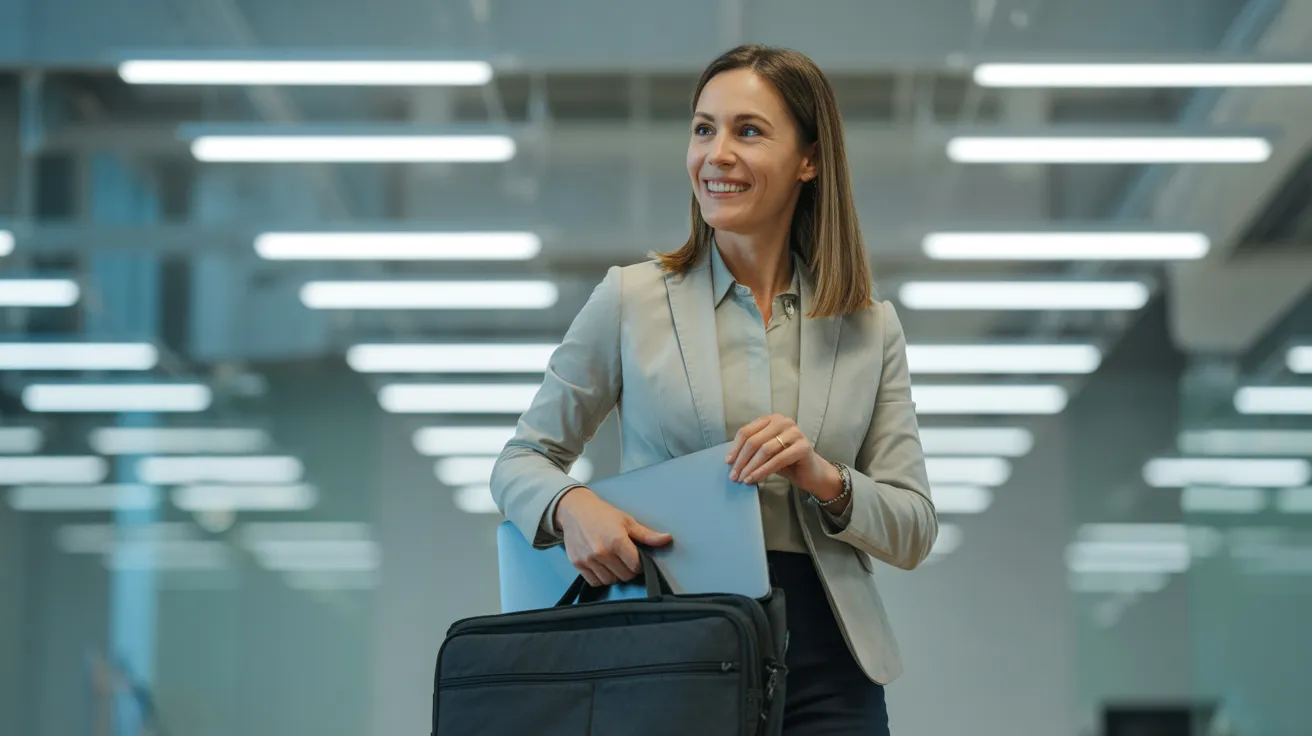 A professional woman in a bright office smiles as she packs her closed laptop, ready to leave work for the day.