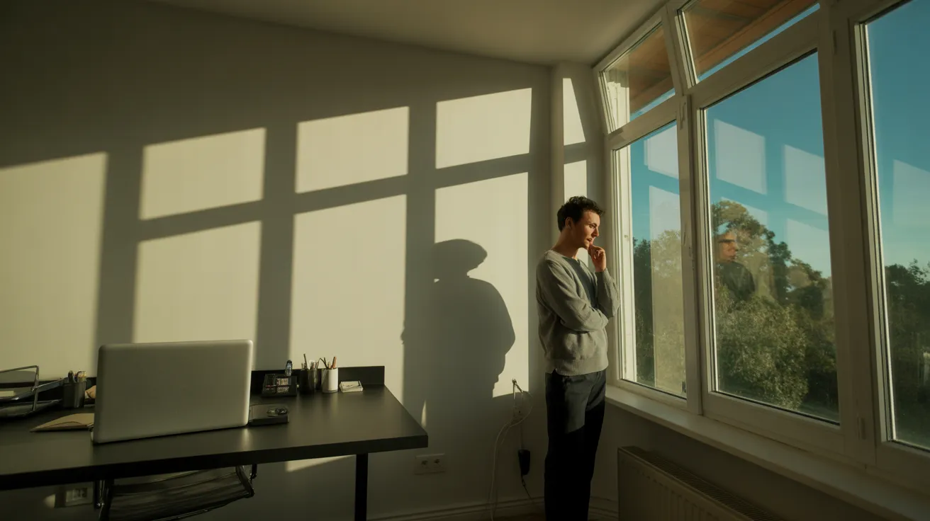 A person takes a quiet break, looking out the window of a modern home office during a sunny day.